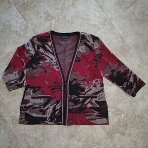 Like New Ming Wang L Knit Jacket Crimson Red Black And Taupe Tan